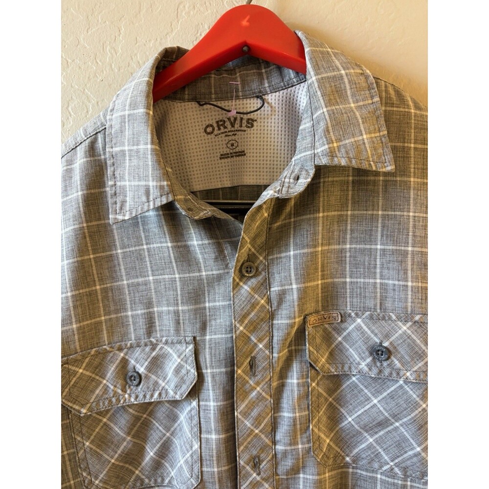 Orvis Mens M Gray Plaid Short Sleeve Button Down Shirt Dual Pocket Classic Col.